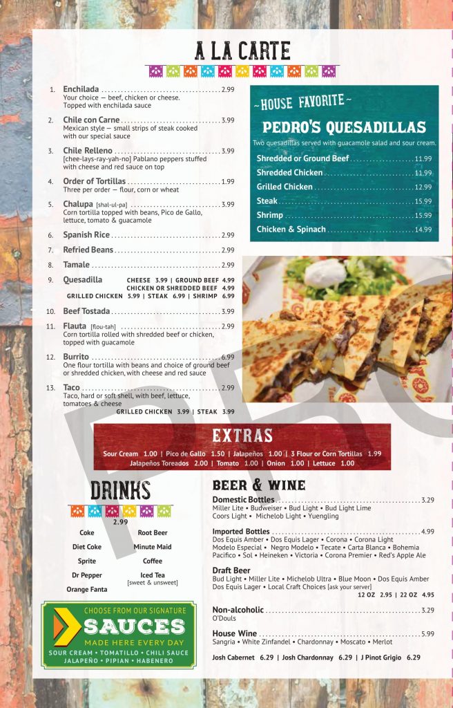 MENU Pedros Tacos + Tequila Bar HARAHAN